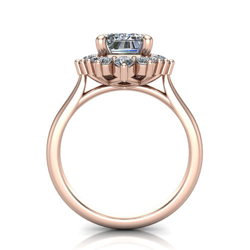 Hailey emerald halo engagement ring in 18K Rose Gold with vintage starburst cluster halo, through-finger front profile