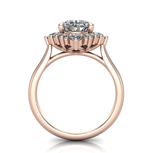 Hailey oval halo engagement ring in 14K Rose Gold with vintage starburst cluster halo, through-finger front profile