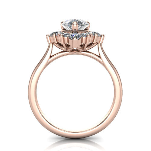 Hailey pear halo engagement ring in 14K Rose Gold with vintage starburst cluster halo, through-finger front profile