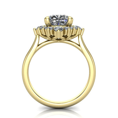 Hailey cushion halo engagement ring in 14K Yellow Gold with vintage starburst cluster halo, through-finger front profile