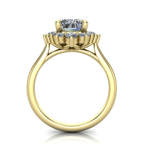 Hailey emerald halo engagement ring in 18K Yellow Gold with vintage starburst cluster halo, through-finger front profile