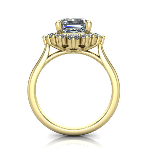 Hailey asscher halo engagement ring in 18K Yellow Gold with vintage starburst cluster halo, through-finger front profile
