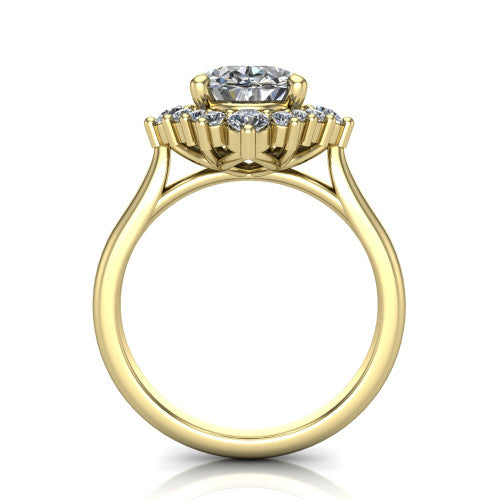 Hailey oval halo engagement ring in 18K Yellow Gold with vintage starburst cluster halo, through-finger front profile