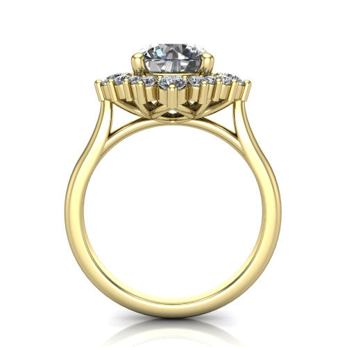 Hailey round halo engagement ring in 14K Yellow Gold with vintage starburst cluster halo, through-finger front profile