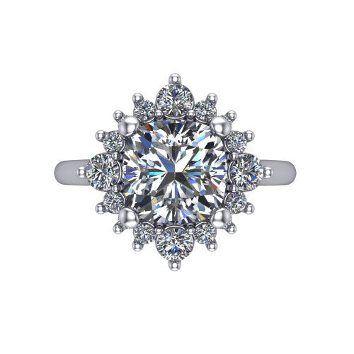 Hailey cushion halo engagement ring in 18K White Gold with vintage starburst cluster halo, top-down view of the starburst cluster halo