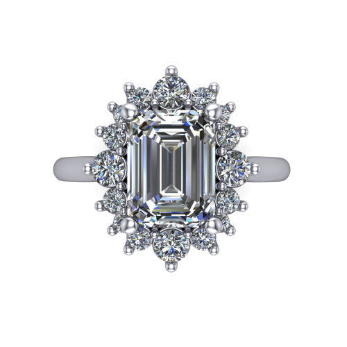 Hailey emerald halo engagement ring in 14K White Gold with vintage starburst cluster halo, top-down view of the starburst cluster halo