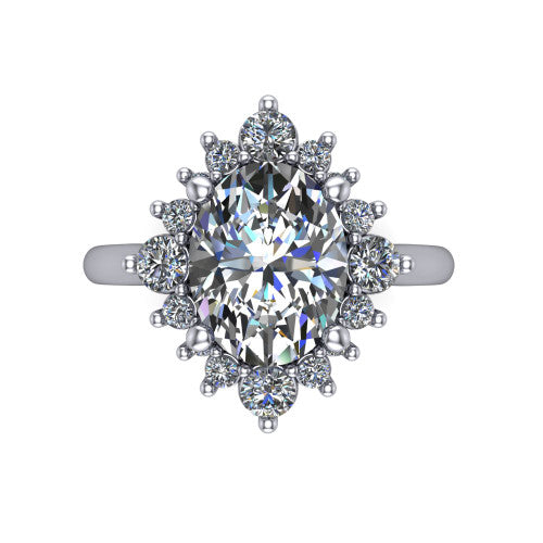 Hailey oval halo engagement ring in Platinum with vintage starburst cluster halo, top-down view of the starburst cluster halo