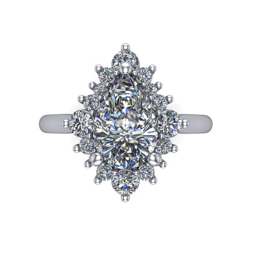 Hailey pear halo engagement ring in 18K White Gold with vintage starburst cluster halo, top-down view of the starburst cluster halo