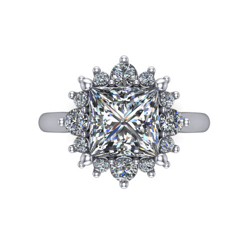 Hailey princess halo engagement ring in Platinum with vintage starburst cluster halo, top-down view of the starburst cluster halo