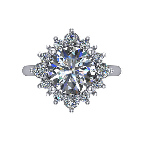 Hailey round halo engagement ring in 18K White Gold with vintage starburst cluster halo, top-down view of the starburst cluster halo