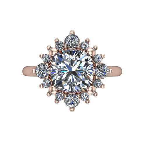Hailey cushion halo engagement ring in 18K Rose Gold with vintage starburst cluster halo, top-down view of the starburst cluster halo