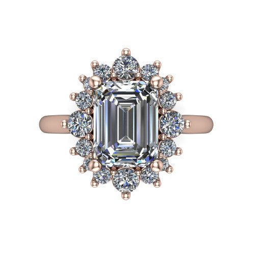 Hailey emerald halo engagement ring in 18K Rose Gold with vintage starburst cluster halo, top-down view of the starburst cluster halo