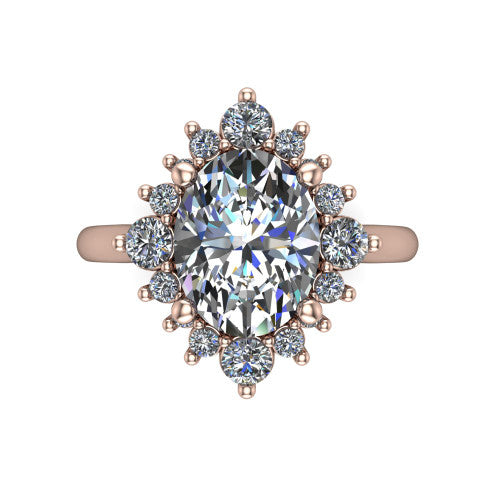 Hailey oval halo engagement ring in 14K Rose Gold with vintage starburst cluster halo, top-down view of the starburst cluster halo