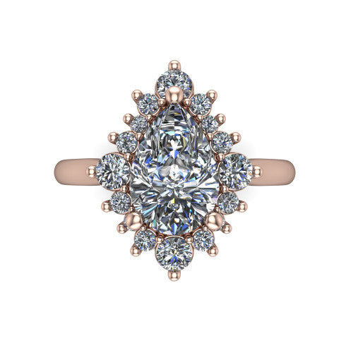 Hailey pear halo engagement ring in 18K Rose Gold with vintage starburst cluster halo, top-down view of the starburst cluster halo