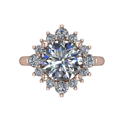 Hailey round halo engagement ring in 14K Rose Gold with vintage starburst cluster halo, top-down view of the starburst cluster halo