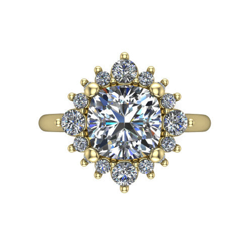 Hailey cushion halo engagement ring in 14K Yellow Gold with vintage starburst cluster halo, top-down view of the starburst cluster halo