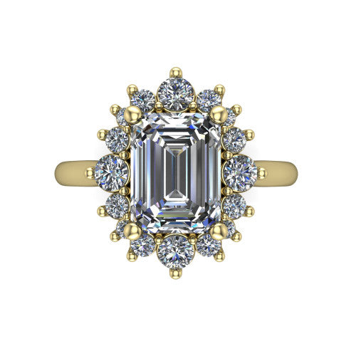 Hailey emerald halo engagement ring in 14K Yellow Gold with vintage starburst cluster halo, top-down view of the starburst cluster halo
