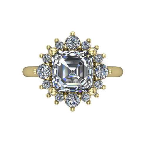 Hailey asscher halo engagement ring in 14K Yellow Gold with vintage starburst cluster halo, top-down view of the starburst cluster halo