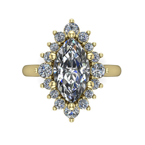 Hailey marquise halo engagement ring in 18K Yellow Gold with vintage starburst cluster halo, top-down view of the starburst cluster halo