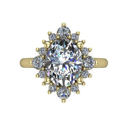Hailey oval halo engagement ring in 14K Yellow Gold with vintage starburst cluster halo, top-down view of the starburst cluster halo