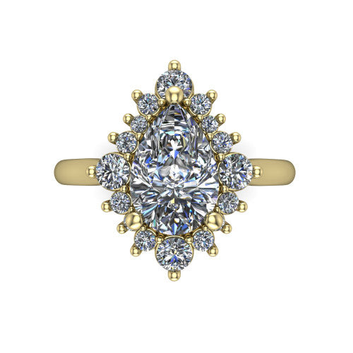 Hailey pear halo engagement ring in 18K Yellow Gold with vintage starburst cluster halo, top-down view of the starburst cluster halo