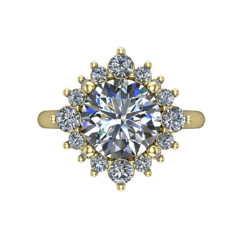 Hailey round halo engagement ring in 14K Yellow Gold with vintage starburst cluster halo, top-down view of the starburst cluster halo
