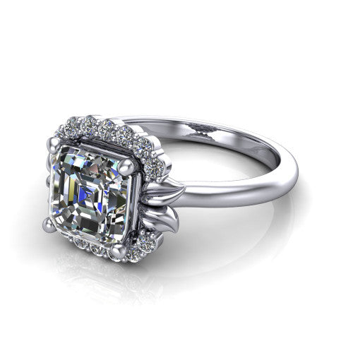 Ayla Square Emerald Shape Halo Engagement Ring in 18K White Gold