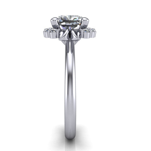 Ayla cushion halo engagement ring in 14K White Gold with squared pavé halo and split-claw prongs, side profile showing the plain cathedral band