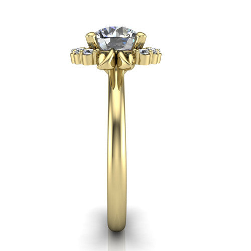 Ayla round halo engagement ring in 18K Yellow Gold with squared pavé halo and split-claw prongs, side profile showing the plain cathedral band