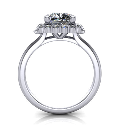 Ayla cushion halo engagement ring in Platinum with squared pavé halo and split-claw prongs, through-finger front profile
