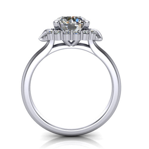 Ayla round halo engagement ring in 14K White Gold with squared pavé halo and split-claw prongs, through-finger front profile