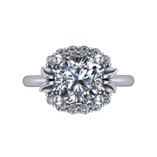 Ayla cushion halo engagement ring in Platinum with squared pavé halo and split-claw prongs, top-down view of the squared halo and split-claw prongs