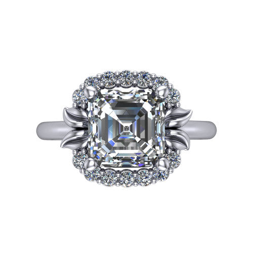 Ayla Square Emerald Shape Halo Engagement Ring in Platinum