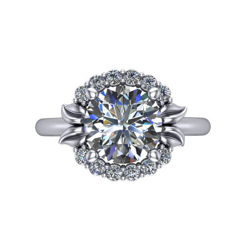 Ayla round halo engagement ring in 18K White Gold with squared pavé halo and split-claw prongs, top-down view of the squared halo and split-claw prongs
