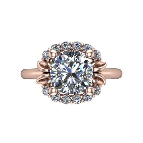 Ayla cushion halo engagement ring in 18K Rose Gold with squared pavé halo and split-claw prongs, top-down view of the squared halo and split-claw prongs
