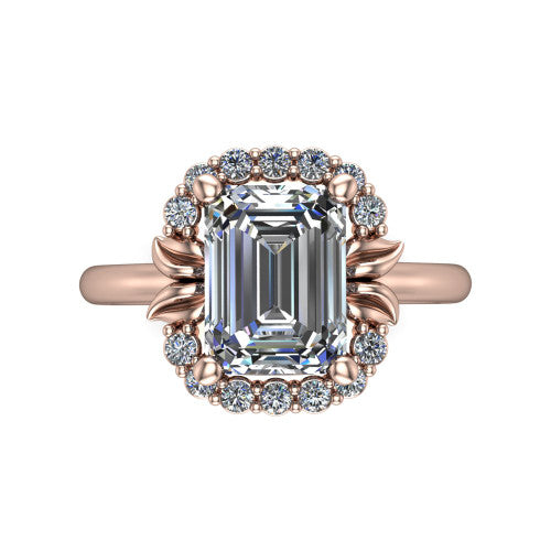 Ayla emerald halo engagement ring in 14K Rose Gold with squared pavé halo and split-claw prongs, top-down view of the squared halo and split-claw prongs