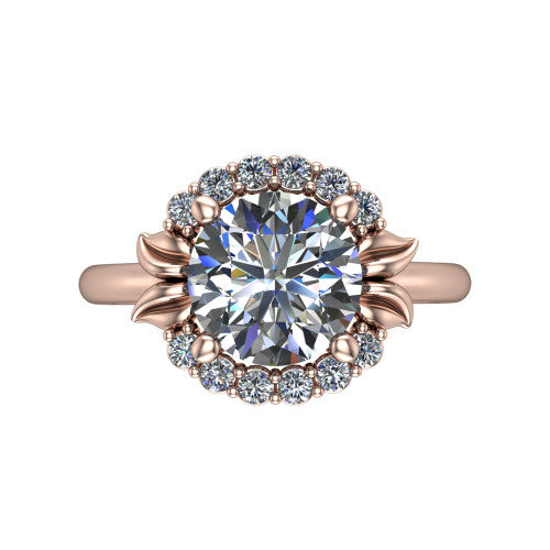 Ayla round halo engagement ring in 14K Rose Gold with squared pavé halo and split-claw prongs, top-down view of the squared halo and split-claw prongs