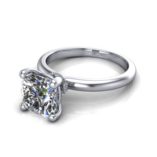 Quinn cushion solitaire engagement ring in 14K White Gold with hidden halo and plain band, three-quarter perspective view