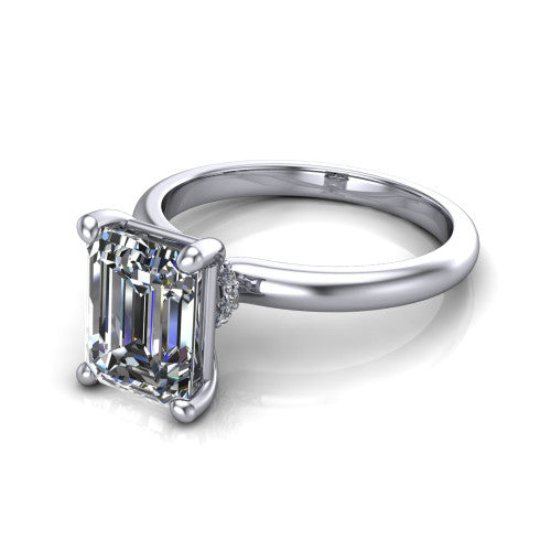 Quinn asscher solitaire engagement ring in 18K White Gold with hidden halo and plain band, three-quarter perspective view