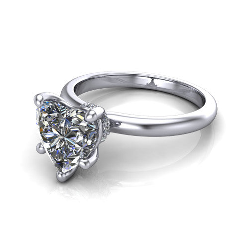 Quinn heart solitaire engagement ring in 14K White Gold with hidden halo and plain band, three-quarter perspective view