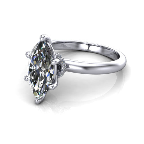 Quinn marquise solitaire engagement ring in 14K White Gold with hidden halo and plain band, three-quarter perspective view