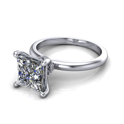 Quinn princess solitaire engagement ring in Platinum with hidden halo and plain band, three-quarter perspective view