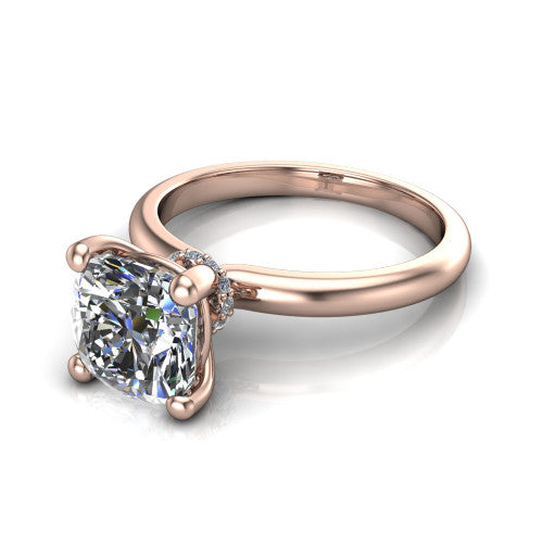 Quinn cushion solitaire engagement ring in 14K Rose Gold with hidden halo and plain band, three-quarter perspective view