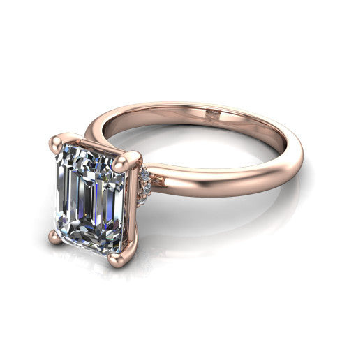 Quinn asscher solitaire engagement ring in 14K Rose Gold with hidden halo and plain band, three-quarter perspective view