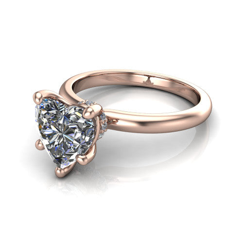 Quinn heart solitaire engagement ring in 18K Rose Gold with hidden halo and plain band, three-quarter perspective view