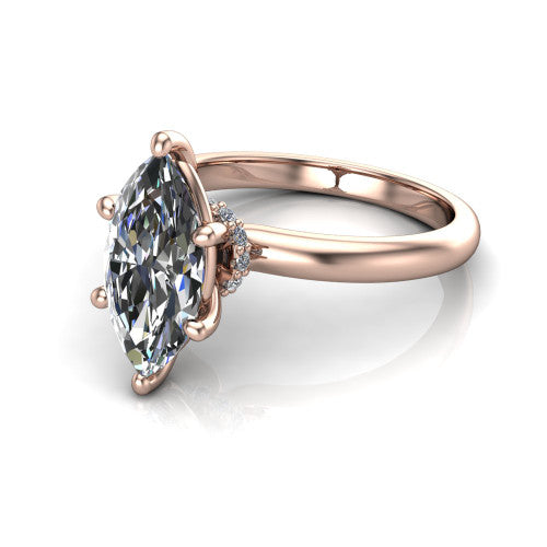 Quinn marquise solitaire engagement ring in 14K Rose Gold with hidden halo and plain band, three-quarter perspective view