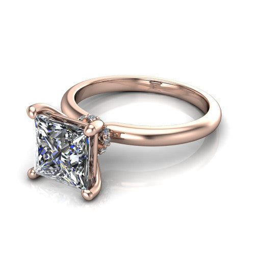 Quinn princess solitaire engagement ring in 14K Rose Gold with hidden halo and plain band, three-quarter perspective view