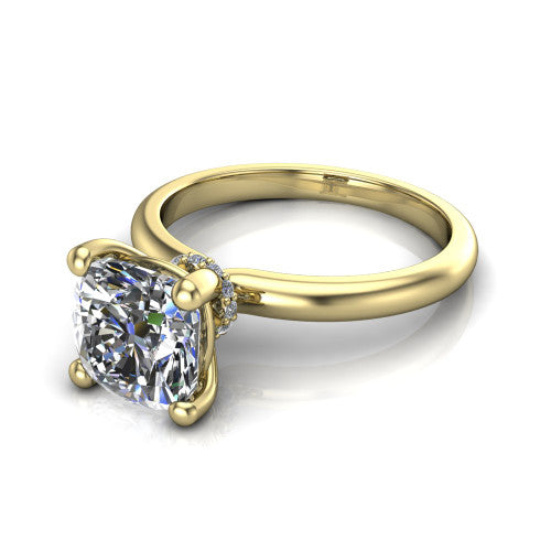 Quinn cushion solitaire engagement ring in 18K Yellow Gold with hidden halo and plain band, three-quarter perspective view