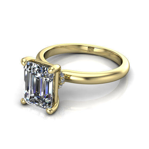 Quinn asscher solitaire engagement ring in 18K Yellow Gold with hidden halo and plain band, three-quarter perspective view