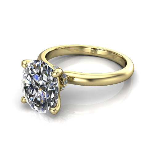 Quinn oval solitaire engagement ring in 14K Yellow Gold with hidden halo and plain band, three-quarter perspective view